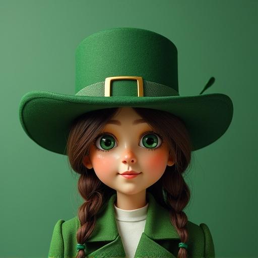 A young girl wearing a large green top hat and a matching green outfit. She has long brown braids and large expressive eyes, set against a solid green background.