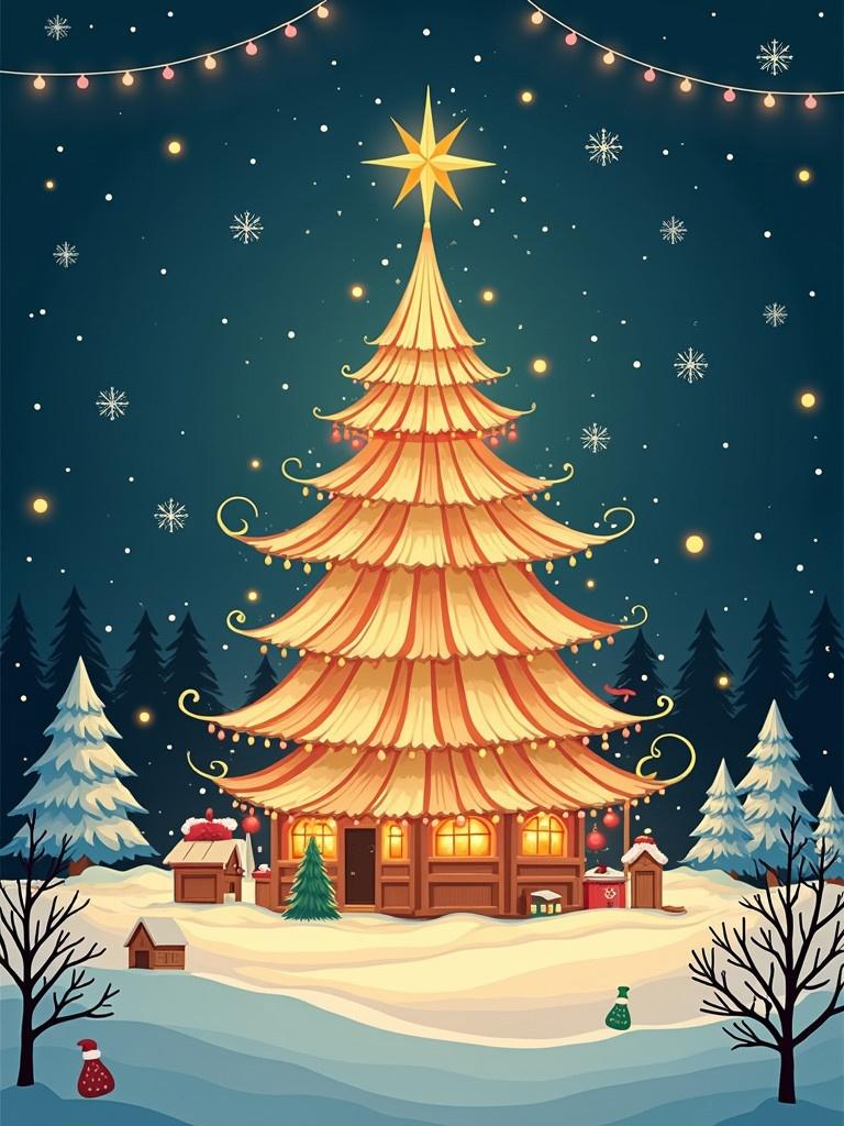 A cheerful Christmas scene featuring a large decorated tree. The tree shines brightly with a star on top. A cozy cabin sits amidst a snowy landscape. Pine trees surround the area with twinkling lights. Snowflakes fall softly from the night sky.