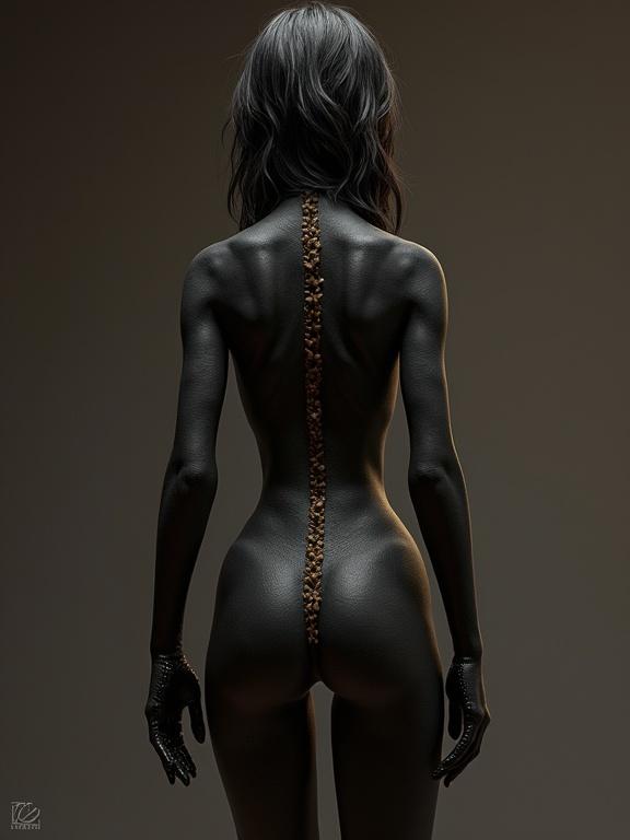 Ultrarealistic depiction of a black gold female body with focus on detail and texture