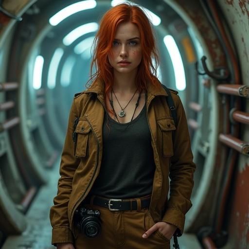Photorealistic image of a young female war correspondent in a grungy spaceship corridor. She stands alert with a determined look. Red hair frames her freckled face. Worn retro-futuristic jacket over dark shirt. High-tech camera on shoulder. Background shows industrial spaceship as detailed with exposed wires and flickering lights.
