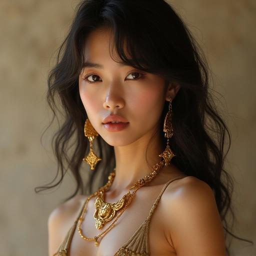 A young beautiful mixed girl inspired by K-pop culture wearing a loin cloth and adorned with gold jewelry