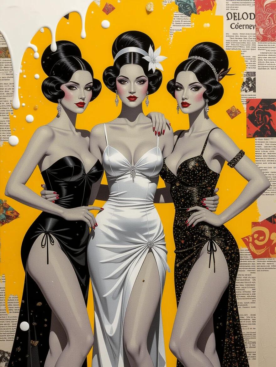 Surreal portrait features three sophisticated ladies in elegant dresses. Background is vibrant yellow ocher and burnt sienna. The art incorporates texture play with splashed milk and mixed media elements like newspaper and jute. Hyper-detailed representation showcases intricate designs and layered materials. Faces are blurred to maintain a focus on the artistic elements and expressions through body language.