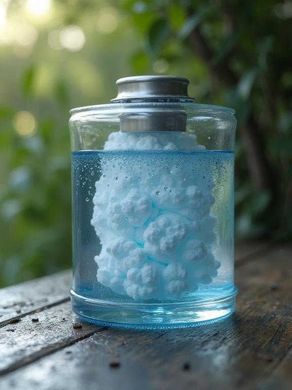 A close-up image of AIRQUA, an atmospheric water generator in a clear glass container. The device is submerged in water with a focus on the condensation. The background features natural greenery creating a serene atmosphere.