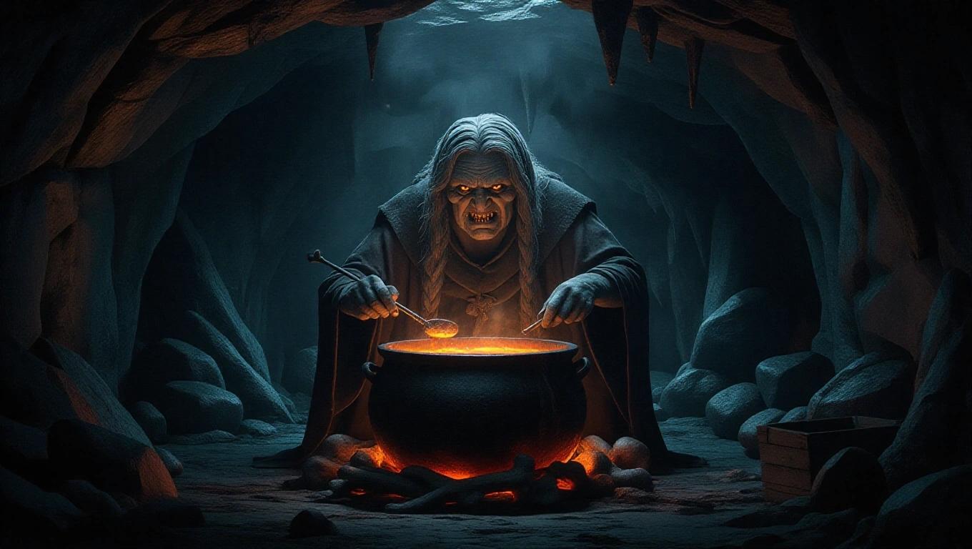 Detailed image depicting Grýla, the Icelandic giant witch, in a dark cave. She is cooking in a bubbling cauldron, with bones visible. Cave walls are rugged, dimly lit. Grýla appears haggard and menacing. Her expression is wicked. The atmosphere is sinister with sparse lighting and long shadows.