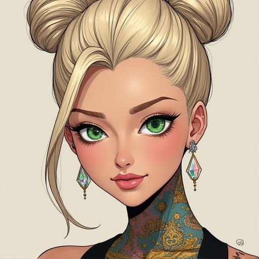Anime woman with emerald green eyes and beautiful face. Light blonde oversized French bun hairstyle. Wearing light pink diamond jewelry. Futuristic and tech-inspired design. Features reflect Japanese and Saiyan heritage. Fit body with muscular arms and abs. Elegant tattoo designs. Posing for a fitness magazine cover. Clothing is stylish and modern.