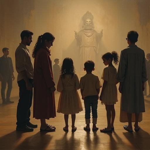 A group of people including adults and children standing in a museum with a blurred background suggesting art or ancient artifacts. The image has a melancholic tone with overlaid text. Format 9-16 as a painting.