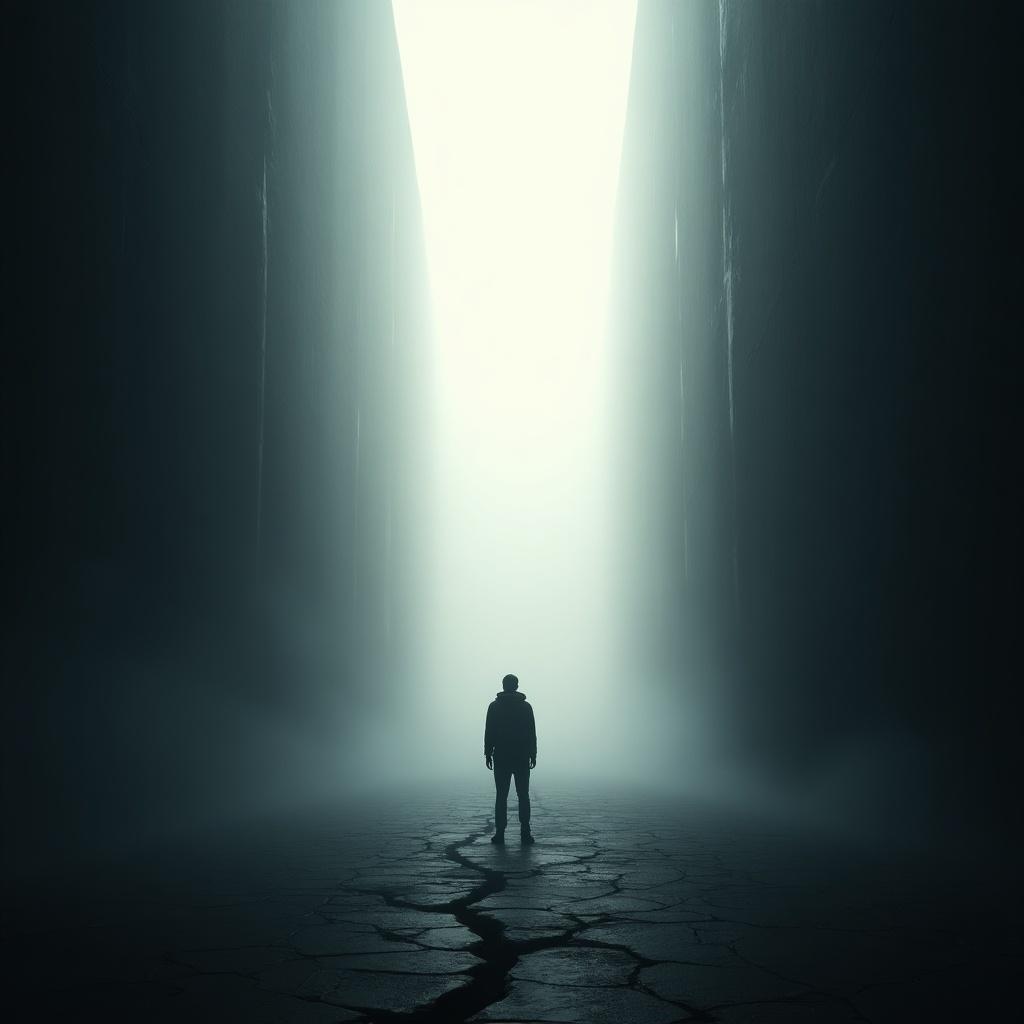 Image features a solitary man on a cracked path. He faces a vast, illuminated space in fog. Tall walls rise on either side creating depth. The light beckons with a sense of hope. Evokes isolation and introspection.