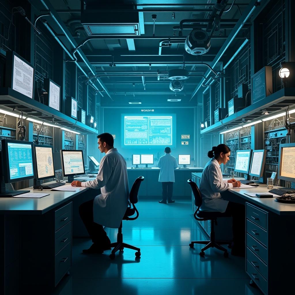 The image depicts a high-tech laboratory environment where scientists work diligently at their computers. Blue lighting saturates the room, giving it a futuristic ambiance. Multiple monitors display complex data and graphs, reflecting a space dedicated to secret technology research. There are three scientists: two sitting at their desks focused on screens, and one standing, seemingly analyzing large data sets. This scene emphasizes precision, innovation, and high-level technological engagement.