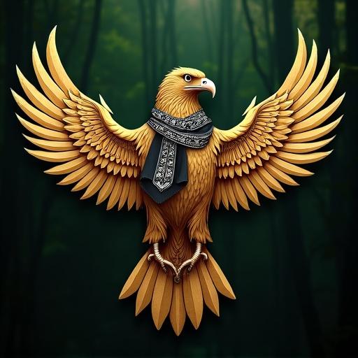 Majestic eagle centered in the image. Eagle adorned with black and white keffiyeh. Rich golden-bronze plumage. Intricate wing feather details. Eagle gazes to right. Deep forest green background. High-quality illustrative style. Detailed three-quarter view from above. Bright colors create a strong impact. Symmetrical composition with balanced pose.