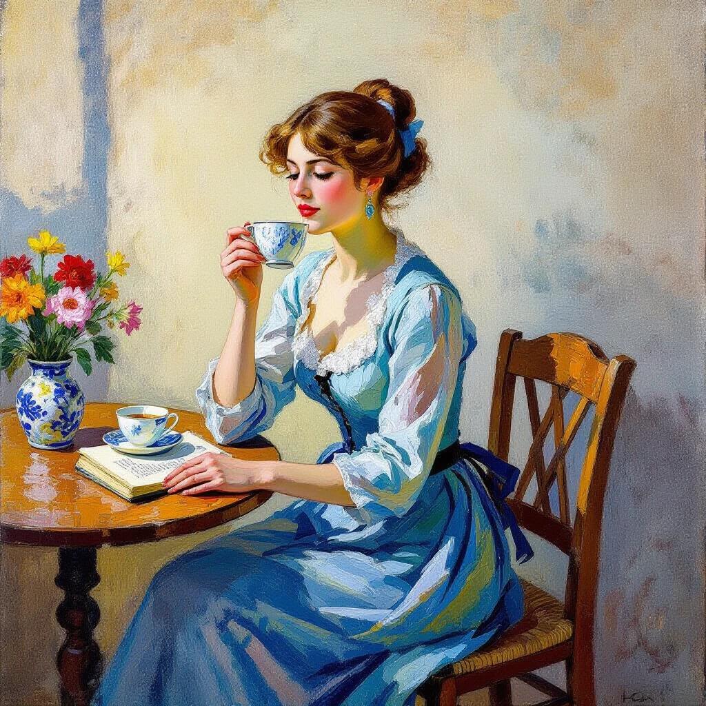 A woman in a blue dress enjoys a cup of tea. The setting has a round wooden table with a book and flowers.