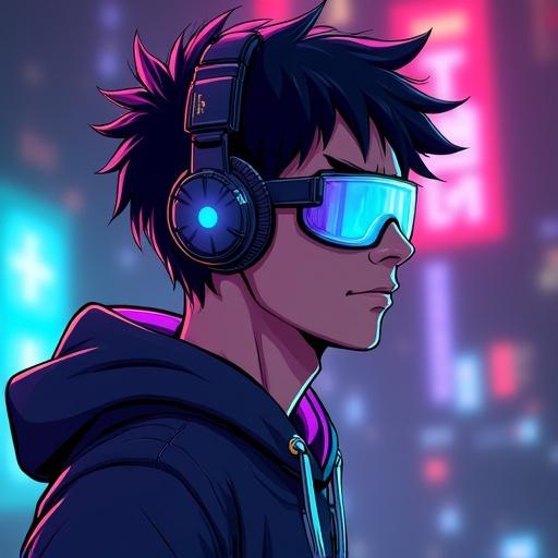 Digital artwork of a male character with headphones. The character has a futuristic style. Neon colors highlight hair and clothing. Background is atmospheric. Character has messy hair and wears a dark hoodie with neon accents. He has a sarcastic expression and wears futuristic glasses. He is confident and edgy. The artwork features comic-style shading and digital glitch effects.
