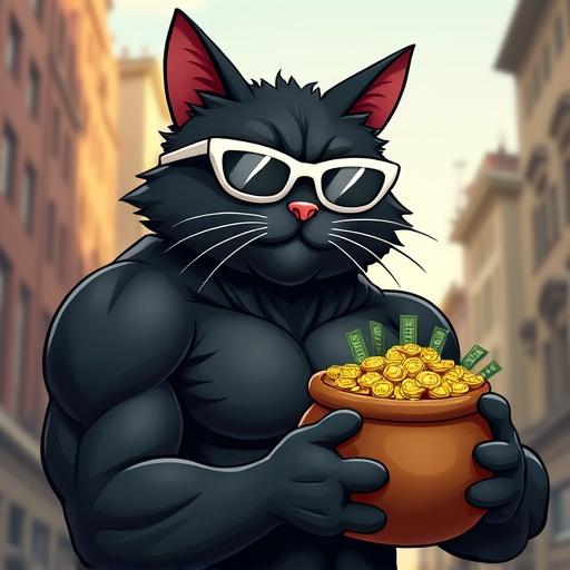Cartoon illustration featuring a muscular black cat. Cat has a serious expression and is wearing white sunglasses. Cat is holding a pot filled with gold coins and dollar bills. Background depicts an urban setting.