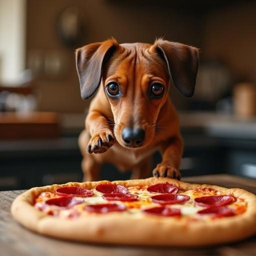 Dachshund jumping towards pizza on a wooden table. The pizza has pepperoni and cheese. Warm lighting in the kitchen.