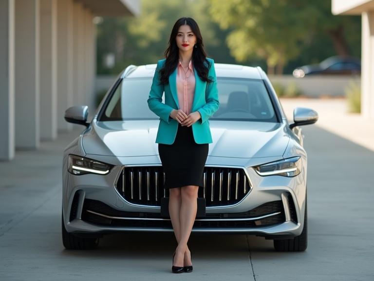 Full-body photorealistic image of a young Chinese car saleswoman standing next to a silver estate car in an outdoor parking garage. She wears a turquoise blazer over a blush-pink blouse and black skirt. Long black hair styled down. The atmosphere is stylish and luxurious. Perfect daylight highlights her and the vehicle.
