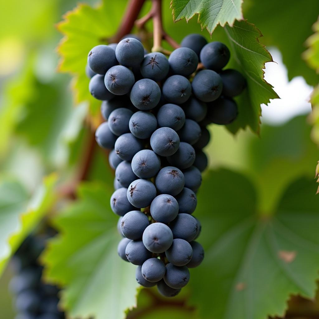 Cluster of ripe dark grapes hanging from a vine. Lush green leaves surround the grapes. Natural setting with soft shadows. Close-up perspective of the grapes.