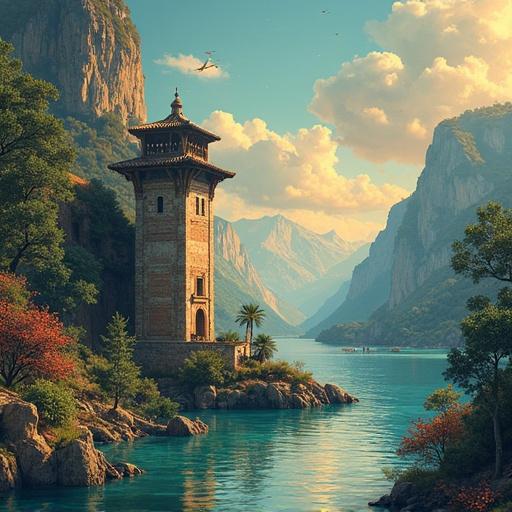 Digital artwork showcases a scenic landscape featuring a tower near a calm body of water surrounded by mountains and trees. The atmosphere feels tranquil and serene. The art style reflects Alberto Mielgo's unique techniques.