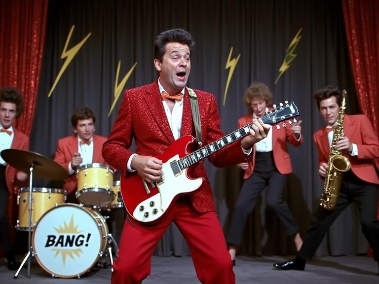 Film still from Rock-A-Bye Baby. Jerry Lewis in sequined red blazer plays Gibson guitar on stage. Surrounding him are exaggerated rock band members with pompadour wigs and slapstick expressions. Drum kit marked BANG! with upside-down cymbals. Mid-air saxophonist with split legs. Backdrop features glitter curtains and cartoon lightning bolts. Lewis screams mid-scat, fumbling chords. Vintage film grain, Kodachrome colors, 35mm framing. Parody of 1950s rock tropes with surreal comedy.