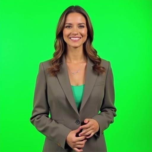 Young and beautiful weather presenter stands confidently in front of the camera, smiling as she delivers her lines. Plain green background resembling a studio backdrop.