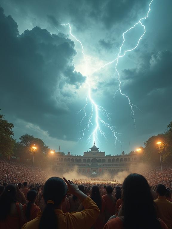 Dramatic sky scene over an ancient Indian arena. Massive thunderbolt cracks across clouds. Lightning bolts branch out in all directions. Large crowd looks up in shock and awe. Some shielding eyes; others frozen mid-cheer. Dust rises from ground due to sound. Tense, electric atmosphere as if something fateful is about to happen.