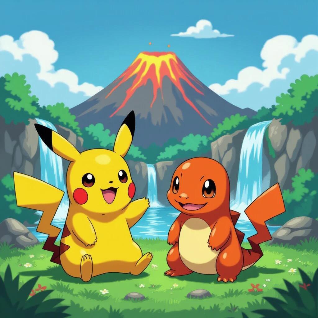 Pikachu and Charmander are sitting on the grass. In the background is a waterfall and a volcano. Bright colors and cheerful atmosphere.