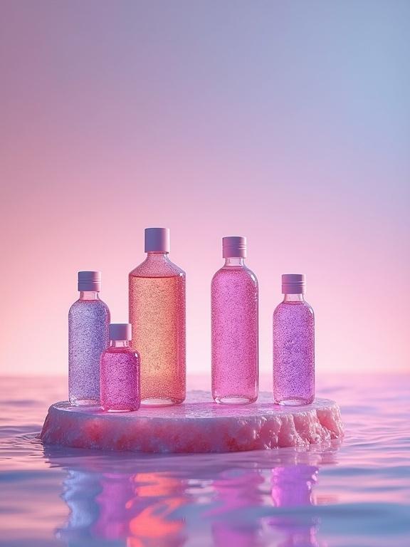 Photograph of modern luxury product advertisement featuring five cylindrical splash bottles with glitter. Bottles arranged on quartz and amethyst crystal platforms with organic edges. Platforms float above calm pastel water surface. Soft gradient background from lilac to pink. Lighting comes from below through crystal platforms, illuminating both the platforms and product glitter magically.