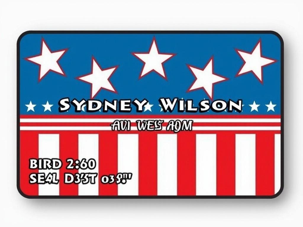 This is a novelty ID card featuring an American flag theme. The background showcases bold red and white stripes at the bottom with a blue section topped with white stars. The name 'SYDNEY WILSON' is prominently displayed in a bold font. Additional details like 'BIRD 2:60' and 'SEAL D'35T 03"' are included to give it an authentic look. This design is perfect for themed events and creative projects.