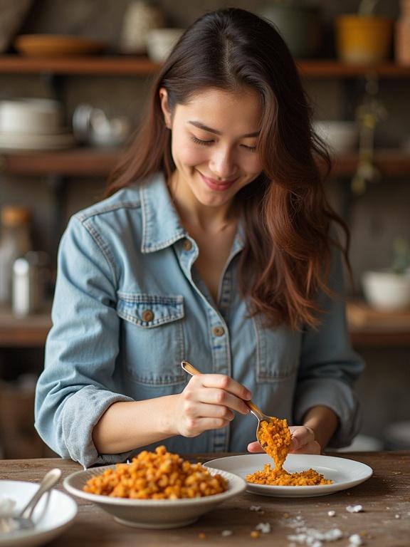 Woman smiling and enjoying food. She sits at a wooden table with dishes ready. Warm, inviting atmosphere with natural light.