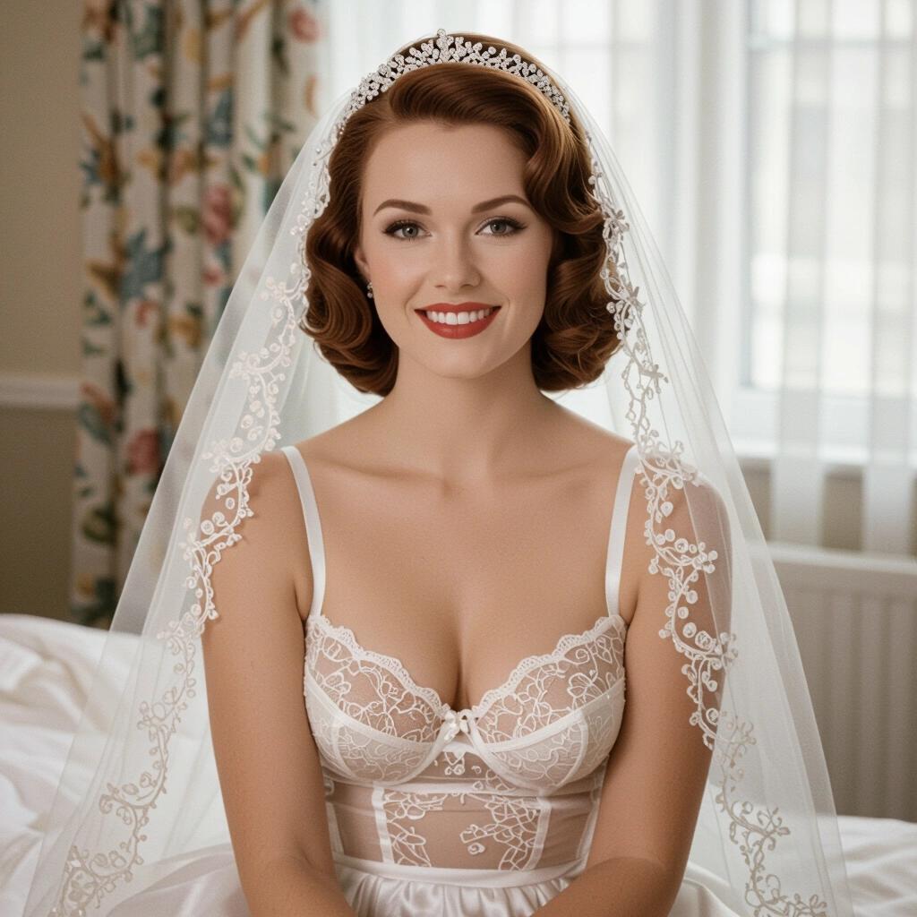 A portrait depicting a woman dressed in wedding lingerie. The lingerie reflects the charm of 1960s fashion. The setting is softly lit and evokes a romantic atmosphere.