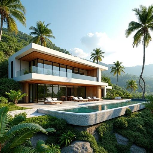 Extravagant 100m² villa set in a tropical paradise. Features modern architecture with glass walls and wooden accents. Includes a spacious terrace and infinity pool surrounded by lush greenery. Bright sunlight and clear skies enhance the serene atmosphere.