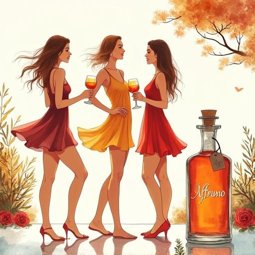 Minimalist drawing of three silhouettes of beautiful women in short dresses in a luxury garden. They are toasting with cocktails and laughing. A bottle labeled 'ALFRUNO' is prominently placed. Roses and rosemary accents create a festive atmosphere.