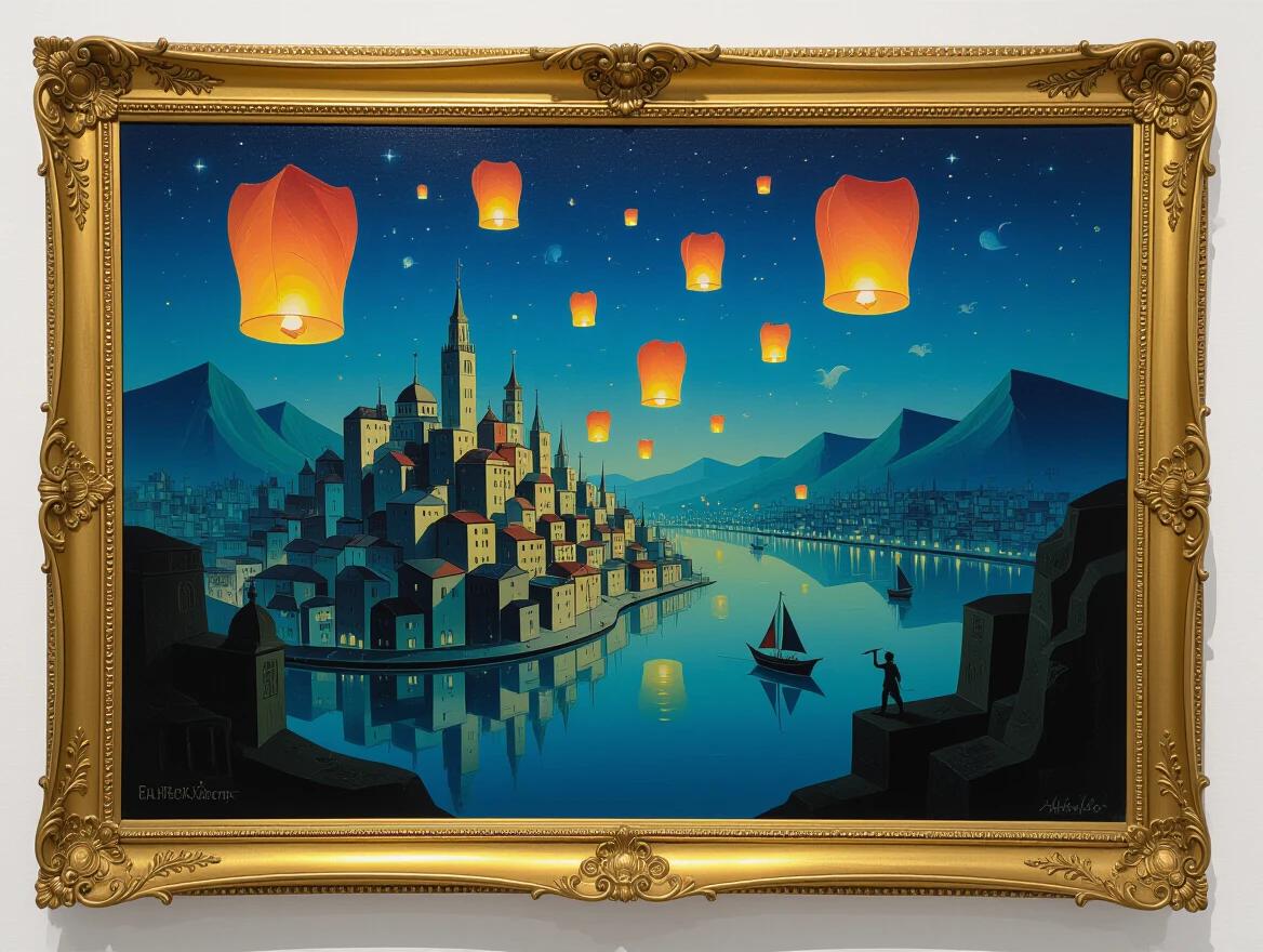Surrealist oil painting depicting a city at night. Floating lanterns illuminate the scene. Influenced by Salvador Dalí. Rich colors and whimsical ambiance.