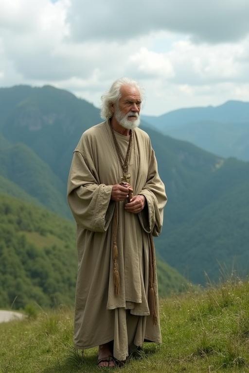 An old ascetic priest stands on a hilltop wearing a natural-colored ceremonial robe. Behind him is a vast green mountainous landscape. He appears wise and stern under a partly cloudy sky.