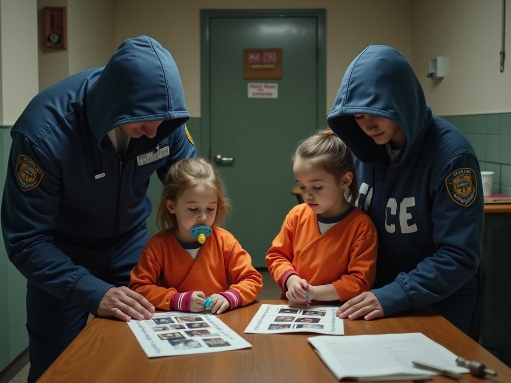 Hooded man in ICE uniform interacts with girls in orange jumpsuits. One child has a pacifier and handcuffs. Mother shows photos on table. Second child is being offered a toy as a bribe. Mother writes confession for unknown child. Nearby cage indicates sibling is locked inside.