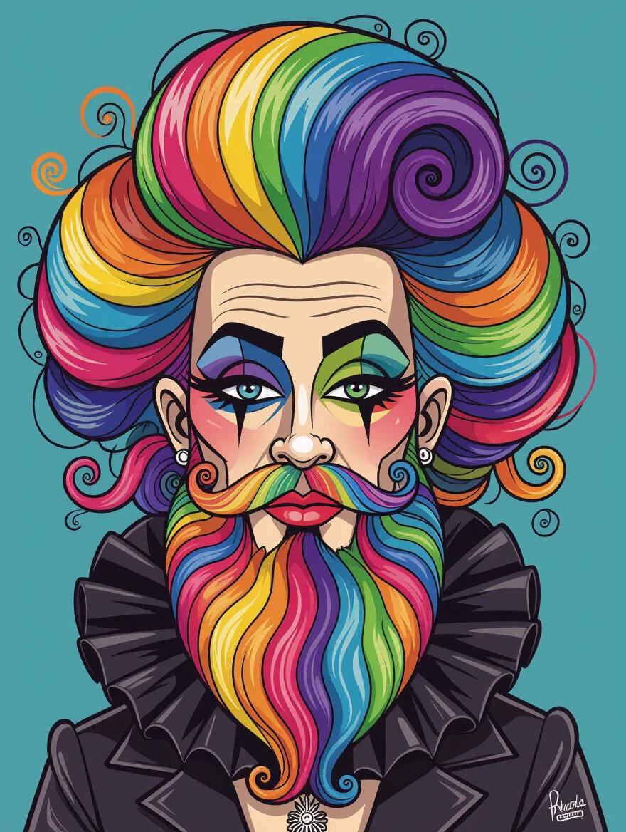 Highly stylized caricature drawing features exaggerated neon rainbow striped hair and beard. The portrait showcases voluminous curls. Stage makeup enhances the look. The subject wears a dark garment with a decorative detail. The background is a solid pastel color.