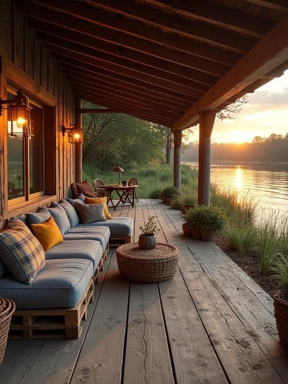 Image captures riverside porch area at sunset. Porch made of natural weathered wood. Wide planks create vintage charm. Thick wooden roof with thatch adds natural texture. Warm lanterns illuminate space. Cushioned seating from wooden pallets with denim covers. Throw pillows in various colors enhance comfort. Round woven table serves as coffee table. Wicker baskets and potted plants add decoration. Calm river reflects sunset colors. Tall grasses line the banks. Lush green trees silhouette against the sky. Golden hues of sunset create a peaceful vibe.