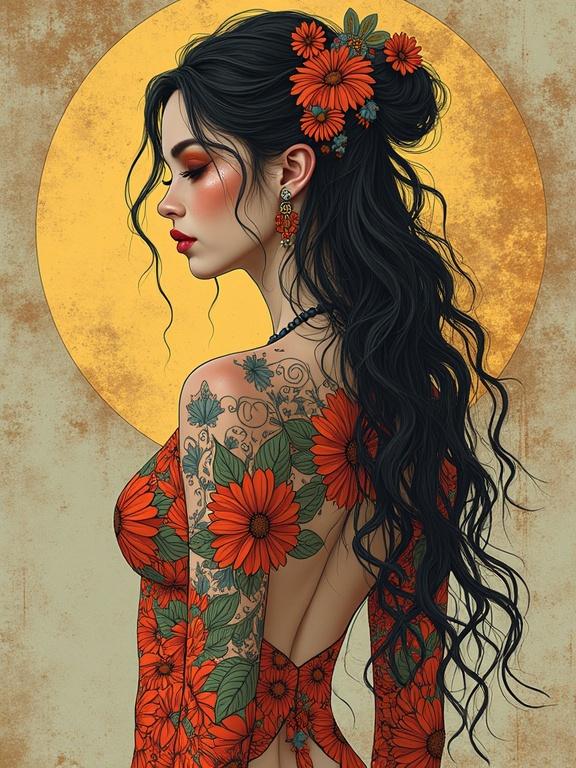 Portrait of a woman with intricate tattoos featuring flowers. The woman has long, flowing hair and wears a dress adorned with floral patterns. Soothing background illustrates a circular golden halo effect. The artwork reflects a blend of cultural aesthetics.