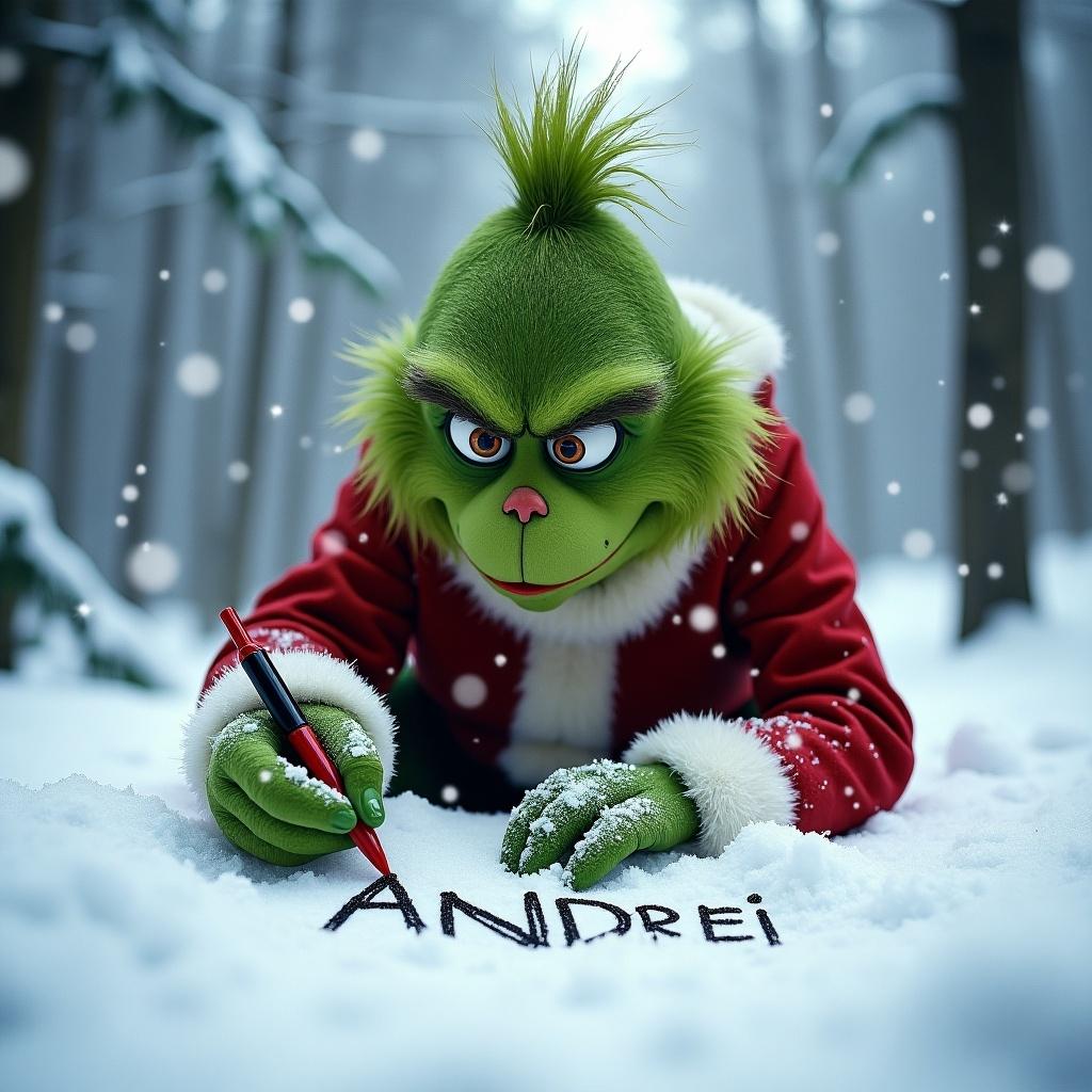 Grinch character writing ANDREI in the snow. Snow-covered landscape surrounds character.