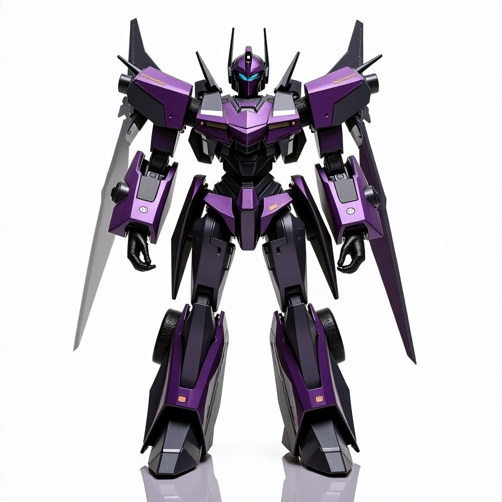 Image showcases a custom transformer robot. Robot stands tall with a feminine edge. Designed from an F-16 fighter. Features dark steel and purple metallic color scheme. Background is transparent for design integration.