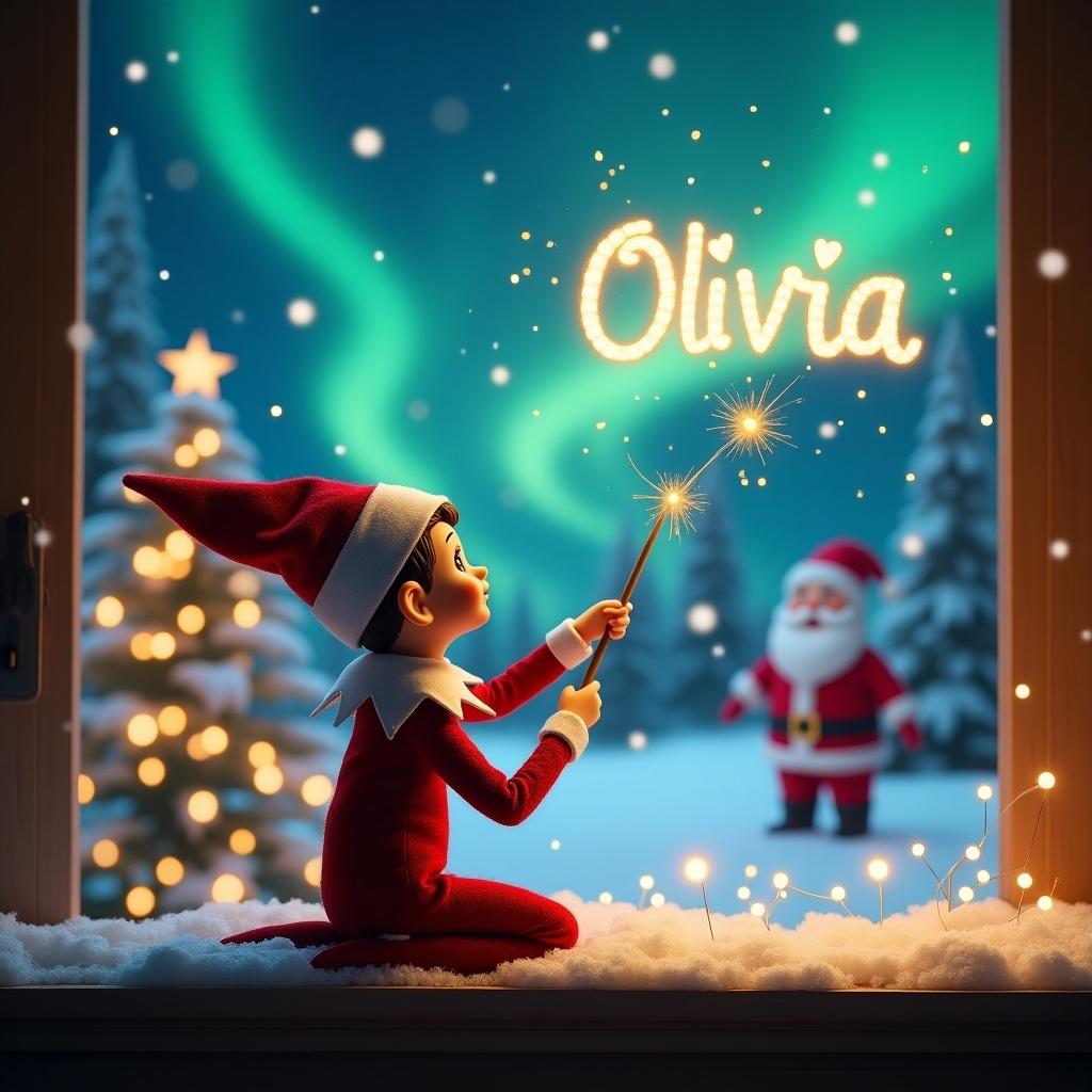 This image features an adorable elf on the shelf, seated with its back to the viewer, looking up at the enchanting night sky. The elf is using a magical wand to elegantly write the name 'Olivia' in the snow. Sparkles fill the air around the magical writing, creating an atmosphere of wonder. In the background, there is a whimsical Christmas scene adorned with northern lights and a cheerful Santa waving. The mood is festive and magical, perfect for the holiday season, inviting viewers into a world of Christmas joy.