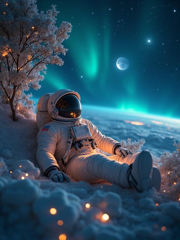 Astronaut sleeping in orbit surrounded by light creatures. Dream garden with antimatter flowers. Rusty spaceship covered in cosmic moss floats in background. Polar sky projects dreams into Venus clouds.