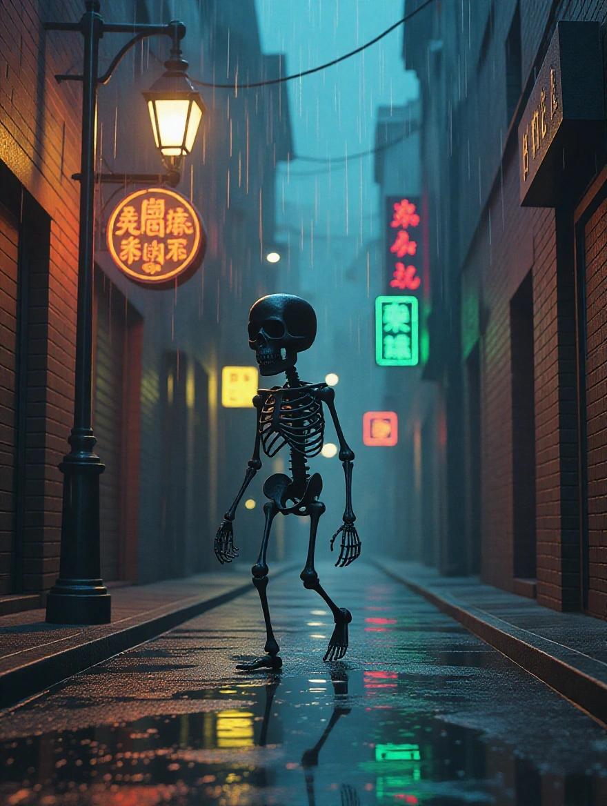 A miniature stickman skeleton walks in a narrow alley. Fragile movements create a sense of vulnerability. A flickering streetlight casts unnatural shadows. Neon signs glow in the rain puddles. The ambiance reflects cinematic noir style with a focus on moody lighting.