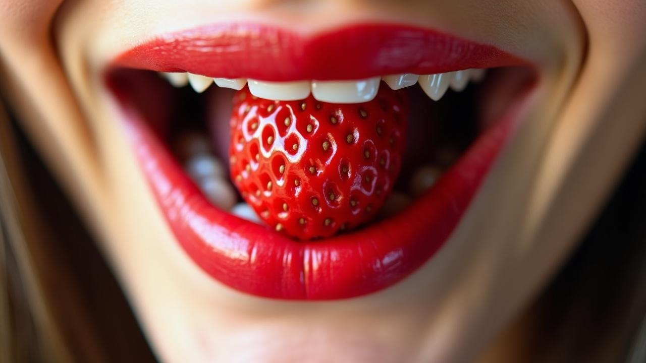 A close-up image of glossy red lips holding a fresh strawberry between the teeth, highlighting vibrant colors and shine.