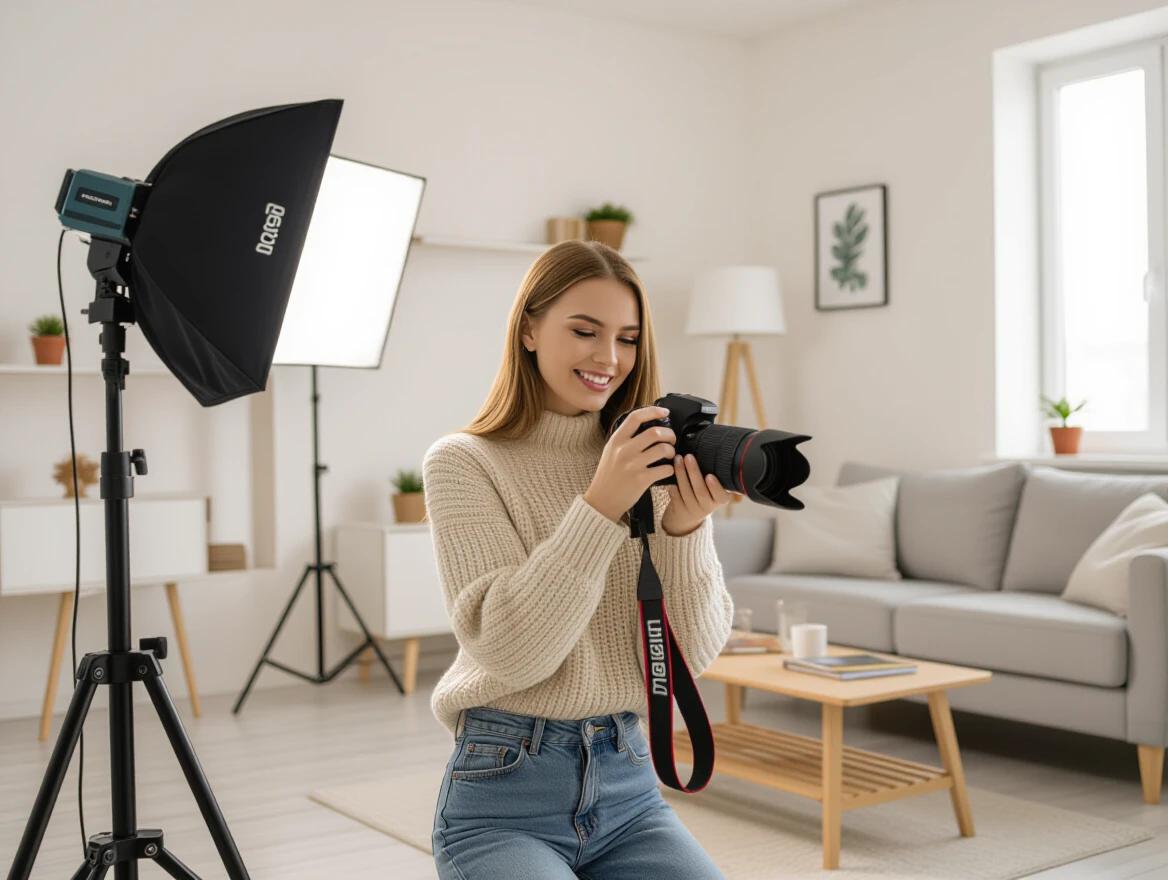 Photographer preparing to shoot camera in a well-decorated living room. The scene captures the natural and stylish arrangement of furniture and soft lighting.