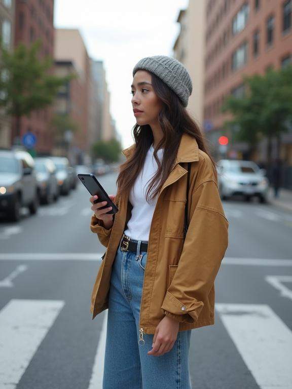 Photorealistic vertical image of a young person standing at a crosswalk holding a phone with the Stylist AI app open. Urban streetwear style is visible. Focus on integrating AI into daily fashion.