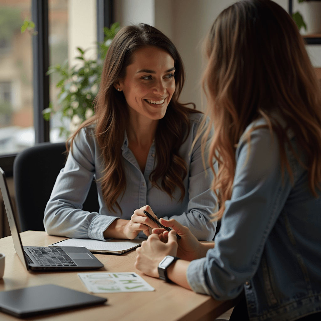 The image shows two women sitting at a desk, engaged in a conversation. Both individuals have long brown hair and are wearing casual, light-colored denim or chambray shirts. One woman is smiling warmly at the other, who is only partially visible from behind. They appear to be in an office setting, with a laptop open in front of one of them on the desk. There are also some papers and a plant in the background, adding to the professional yet relaxed atmosphere. The light streaming in from the window creates a bright and welcoming scene.