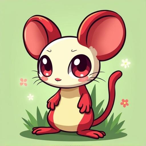 Chibi mouse character with large ears and big eyes. Predominantly red and white colors. Background features soft green grass and small flowers.