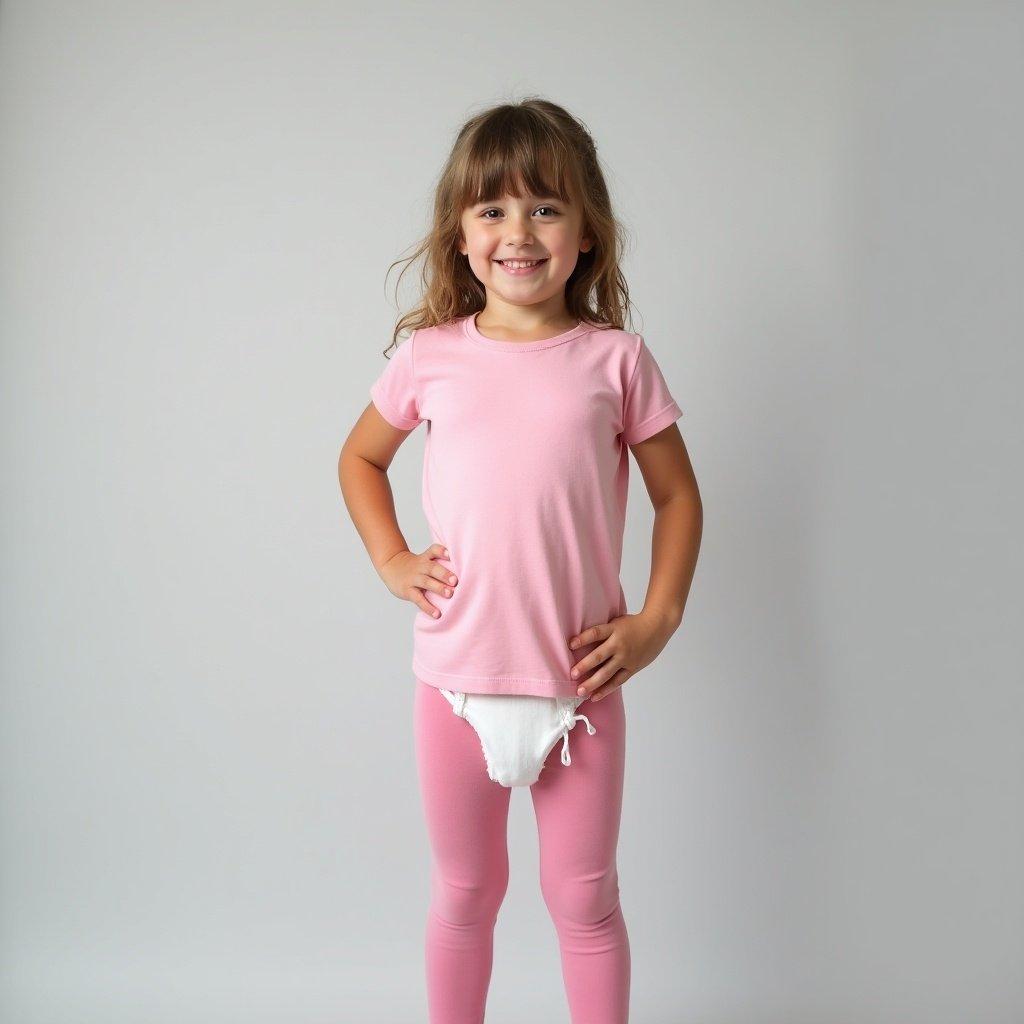 Young girl stands confidently dressed in a pink t-shirt white diaper and pink leggings. A soft gray background is present. The scene has a playful and relaxed feel and emphasizes comfortable attire and innocence.