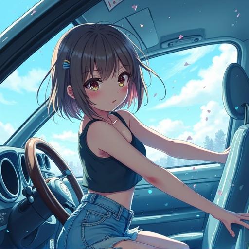Anime illustration featuring a girl in a spinning car wash brush viewed from the inside of a car. The girl has short hair and wears a casual outfit. Bright colors dominate the scene with a cheerful vibe.