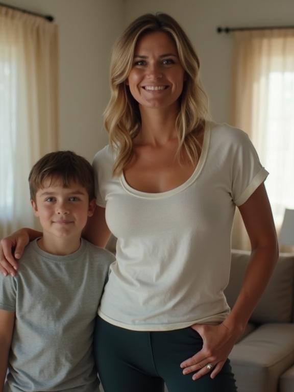 Woman with large breasts and a scoop-neck t-shirt stands next to a smiling boy in a living room setting. Casual, comfortable appearance with a relaxed atmosphere. Both subjects appear friendly and approachable.
