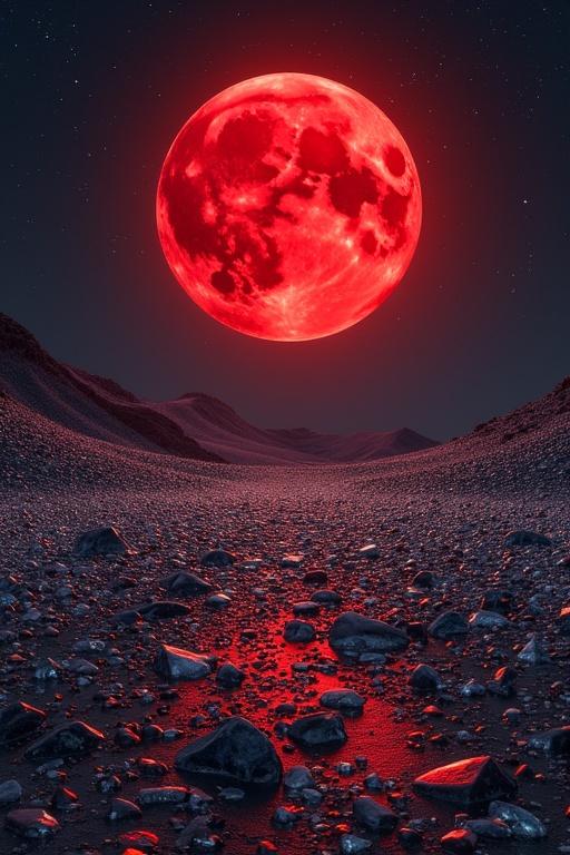 A red moon shines over a desert made of tiny pieces of shattered glass. The landscape is dark and surreal with millions of reflecting shards.